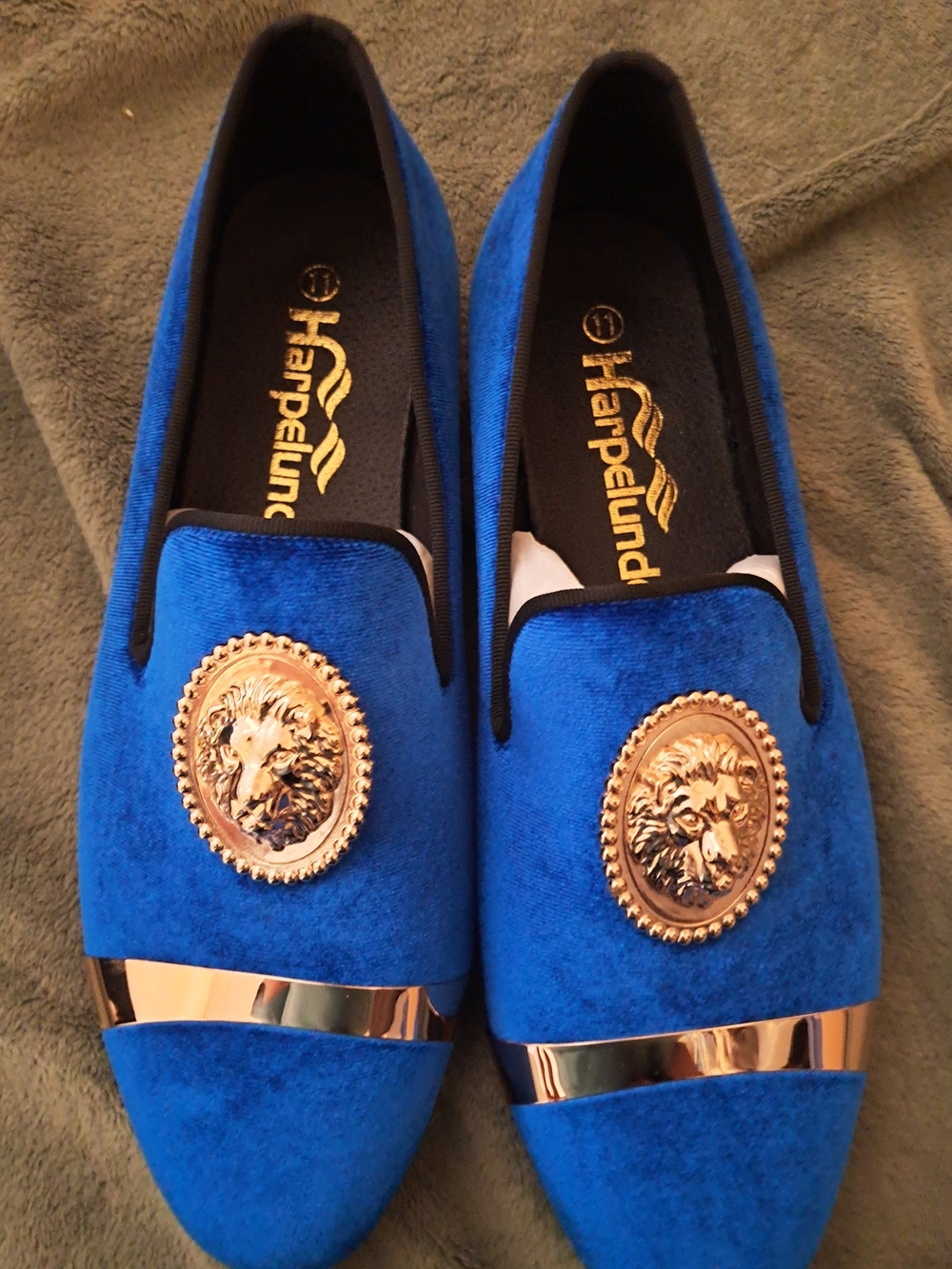 Men's Royal Blue Velvet Loafers with Gold Lion Emblem
